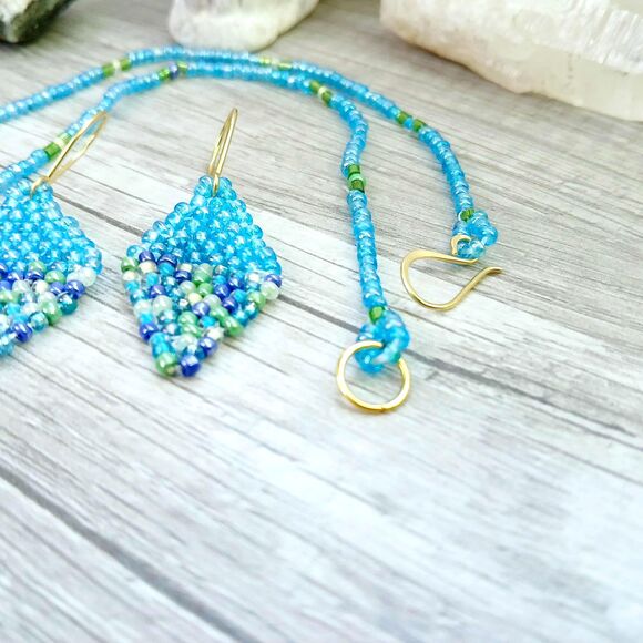 Beaded Choker & Earring Set, Blue & Green - Picture 5 of 6